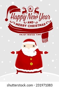 Santa Claus with Merry Christmas Label for Holiday Invitations and Greeting Cards. Xmas Poster, Banner, Placard or Card Template. Winter Illustration with Snowflakes