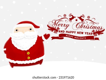 Santa Claus with Merry Christmas Label for Holiday Invitations and Greeting Cards. Xmas Poster, Banner, Placard or Card Template. Winter Illustration with Snowflakes