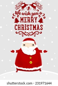 Santa Claus with Merry Christmas Label for Holiday Invitations and Greeting Cards. Xmas Poster, Banner, Placard or Card Template. Winter Illustration with Snowflakes