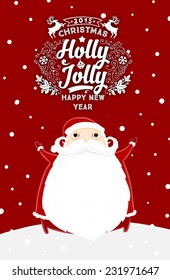 Santa Claus with Merry Christmas Label for Holiday Invitations and Greeting Cards. Xmas Poster, Banner, Placard or Card Template. Winter Illustration with Snowflakes