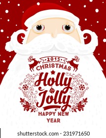 Santa Claus with Merry Christmas Label for Holiday Invitations and Greeting Cards. Xmas Poster, Banner, Placard or Card Template. Winter Illustration with Snowflakes
