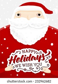 Santa Claus with Merry Christmas Label for Holiday Invitations and Greeting Cards. Xmas Poster, Banner, Placard or Card Template. Winter Illustration with Snowflakes