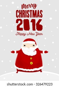 Santa Claus with Merry Christmas Label for Holiday Invitations and Greeting Cards. Xmas Poster, Banner, Placard or Card Template. Winter Illustration with Snowflakes