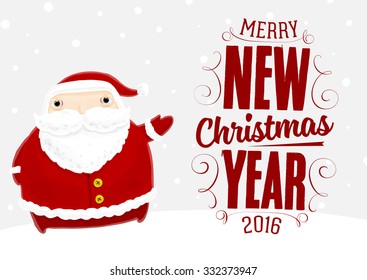 Santa Claus with Merry Christmas Label for Holiday Invitations and Greeting Cards. Xmas Poster, Banner, Placard or Card Template. Winter Illustration with Snowflakes