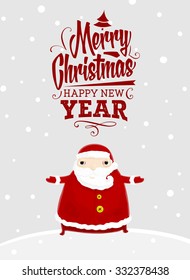 Santa Claus with Merry Christmas Label for Holiday Invitations and Greeting Cards. Xmas Poster, Banner, Placard or Card Template. Winter Illustration with Snowflakes