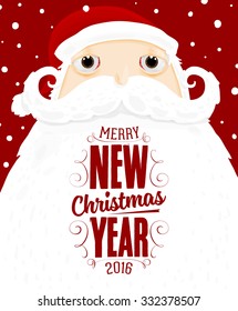 Santa Claus with Merry Christmas Label for Holiday Invitations and Greeting Cards. Xmas Poster, Banner, Placard or Card Template. Winter Illustration with Snowflakes