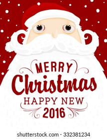 Santa Claus with Merry Christmas Label for Holiday Invitations and Greeting Cards. Xmas Poster, Banner, Placard or Card Template. Winter Illustration with Snowflakes