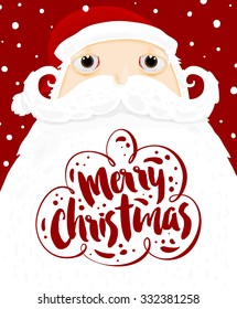 Santa Claus with Merry Christmas Label for Holiday Invitations and Greeting Cards. Xmas Poster, Banner, Placard or Card Template. Winter Illustration with Snowflakes