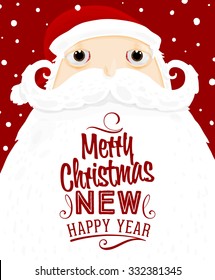 Santa Claus with Merry Christmas Label for Holiday Invitations and Greeting Cards. Xmas Poster, Banner, Placard or Card Template. Winter Illustration with Snowflakes