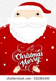 Santa Claus with Merry Christmas Label for Holiday Invitations and Greeting Cards. Xmas Poster, Banner, Placard or Card Template. Winter Illustration with Snowflakes