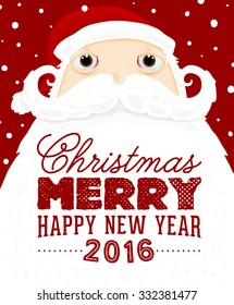 Santa Claus with Merry Christmas Label for Holiday Invitations and Greeting Cards. Xmas Poster, Banner, Placard or Card Template. Winter Illustration with Snowflakes