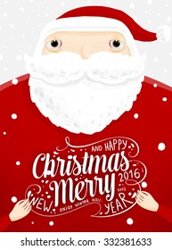 Santa Claus with Merry Christmas Label for Holiday Invitations and Greeting Cards. Xmas Poster, Banner, Placard or Card Template. Winter Illustration with Snowflakes