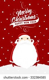 Santa Claus with Merry Christmas Label for Holiday Invitations and Greeting Cards. Xmas Poster, Banner, Placard or Card Template. Winter Illustration with Snowflakes