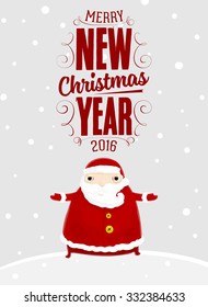 Santa Claus with Merry Christmas Label for Holiday Invitations and Greeting Cards. Xmas Poster, Banner, Placard or Card Template. Winter Illustration with Snowflakes