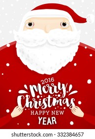 Santa Claus with Merry Christmas Label for Holiday Invitations and Greeting Cards. Xmas Poster, Banner, Placard or Card Template. Winter Illustration with Snowflakes