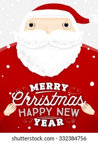 Santa Claus with Merry Christmas Label for Holiday Invitations and Greeting Cards. Xmas Poster, Banner, Placard or Card Template. Winter Illustration with Snowflakes