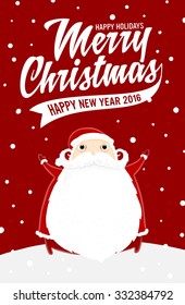 Santa Claus with Merry Christmas Label for Holiday Invitations and Greeting Cards. Xmas Poster, Banner, Placard or Card Template. Winter Illustration with Snowflakes