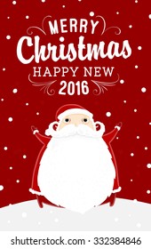 Santa Claus with Merry Christmas Label for Holiday Invitations and Greeting Cards. Xmas Poster, Banner, Placard or Card Template. Winter Illustration with Snowflakes