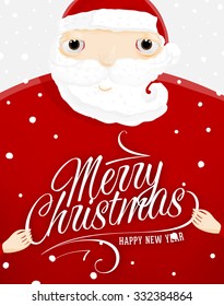 Santa Claus with Merry Christmas Label for Holiday Invitations and Greeting Cards. Xmas Poster, Banner, Placard or Card Template. Winter Illustration with Snowflakes