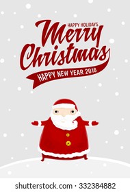Santa Claus with Merry Christmas Label for Holiday Invitations and Greeting Cards. Xmas Poster, Banner, Placard or Card Template. Winter Illustration with Snowflakes