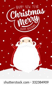 Santa Claus with Merry Christmas Label for Holiday Invitations and Greeting Cards. Xmas Poster, Banner, Placard or Card Template. Winter Illustration with Snowflakes