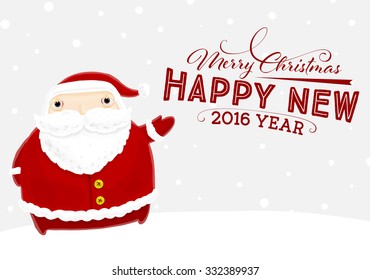 Santa Claus with Merry Christmas Label for Holiday Invitations and Greeting Cards. Xmas Poster, Banner, Placard or Card Template. Winter Illustration with Snowflakes