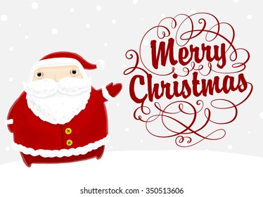 Santa Claus with Merry Christmas Label for Holiday Invitations and Greeting Cards. Xmas Poster, Banner, Placard or Card Template. Winter Illustration with Snowflakes
