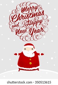 Santa Claus with Merry Christmas Label for Holiday Invitations and Greeting Cards. Xmas Poster, Banner, Placard or Card Template. Winter Illustration with Snowflakes