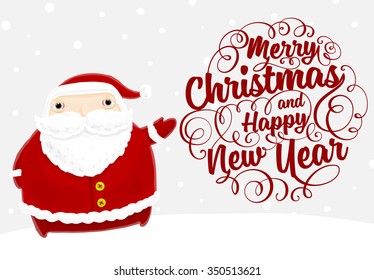 Santa Claus with Merry Christmas Label for Holiday Invitations and Greeting Cards. Xmas Poster, Banner, Placard or Card Template. Winter Illustration with Snowflakes