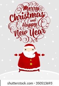 Santa Claus with Merry Christmas Label for Holiday Invitations and Greeting Cards. Xmas Poster, Banner, Placard or Card Template. Winter Illustration with Snowflakes