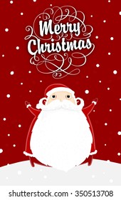 Santa Claus with Merry Christmas Label for Holiday Invitations and Greeting Cards. Xmas Poster, Banner, Placard or Card Template. Winter Illustration with Snowflakes