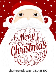 Santa Claus with Merry Christmas Label for Holiday Invitations and Greeting Cards. Xmas Poster, Banner, Placard or Card Template. Winter Illustration with Snowflakes