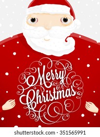 Santa Claus with Merry Christmas Label for Holiday Invitations and Greeting Cards. Xmas Poster, Banner, Placard or Card Template. Winter Illustration with Snowflakes
