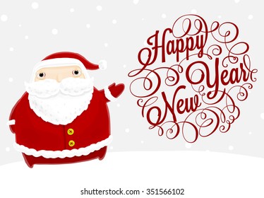 Santa Claus with Merry Christmas Label for Holiday Invitations and Greeting Cards. Xmas Poster, Banner, Placard or Card Template. Winter Illustration with Snowflakes