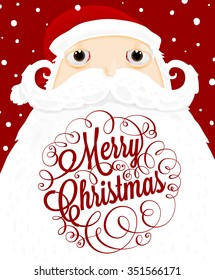 Santa Claus with Merry Christmas Label for Holiday Invitations and Greeting Cards. Xmas Poster, Banner, Placard or Card Template. Winter Illustration with Snowflakes