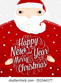 Santa Claus with Merry Christmas Label for Holiday Invitations and Greeting Cards. Xmas Poster, Banner, Placard or Card Template. Winter Illustration with Snowflakes