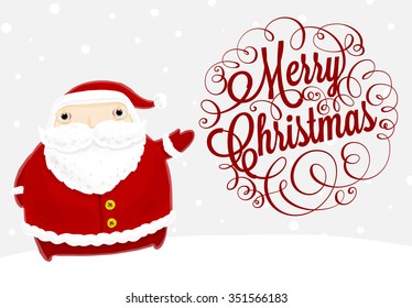 Santa Claus with Merry Christmas Label for Holiday Invitations and Greeting Cards. Xmas Poster, Banner, Placard or Card Template. Winter Illustration with Snowflakes