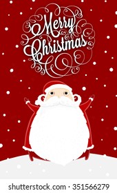 Santa Claus with Merry Christmas Label for Holiday Invitations and Greeting Cards. Xmas Poster, Banner, Placard or Card Template. Winter Illustration with Snowflakes