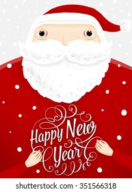 Santa Claus with Merry Christmas Label for Holiday Invitations and Greeting Cards. Xmas Poster, Banner, Placard or Card Template. Winter Illustration with Snowflakes