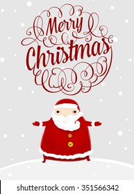 Santa Claus with Merry Christmas Label for Holiday Invitations and Greeting Cards. Xmas Poster, Banner, Placard or Card Template. Winter Illustration with Snowflakes