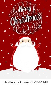 Santa Claus with Merry Christmas Label for Holiday Invitations and Greeting Cards. Xmas Poster, Banner, Placard or Card Template. Winter Illustration with Snowflakes