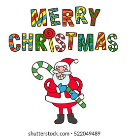 Santa Claus with Merry Christmas Label for holiday invitations and greeting cards. Xmas poster, banner, colorful placard or card template.

