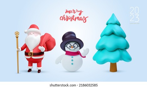 Santa Claus Merry Christmas and New Year. Funny vector cartoon Santa, tree and snowman. Red gift bag. Realistic 3d vector illustration isolated on light blue background.