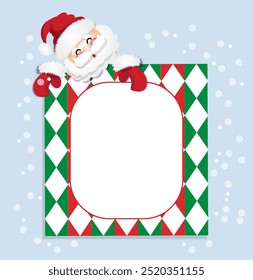 Santa Claus merry christmas on a blue background with snowflakes holds a framed announcement with a circus diamond pattern , happy new year, celebrate, 