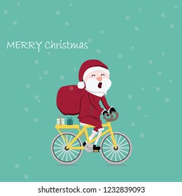 Santa Claus Merry Christmas, Shoulder bag and gift box Cycling vintage. Flat design vector illustration