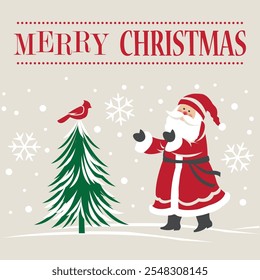 Santa Claus with Merry Christmas Tree and Snowflakes