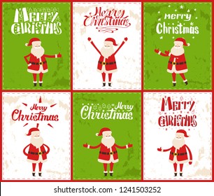 Santa Claus, Merry Christmas wintertime vector greeting cards. Saint Nicholas dancing, sitting on armchair, showing ok sign, stickers set, cartoon character on grunge