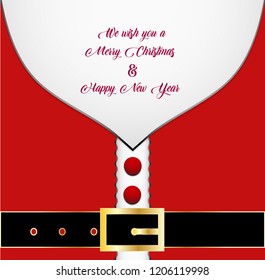 Santa Claus message banner. Red Santa Claus suit, leather belt with gold buckle, white beard, concept for Christmas greeting or invitation card. Vector Illustration.