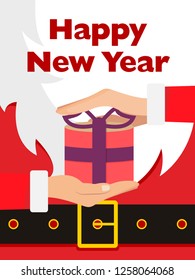 Santa Claus message banner. Red Santa Claus suit, leather belt with gold buckle, white beard, offering gift or present, concept for christmas greeting or invitation card 
