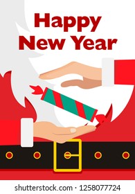 Santa Claus message banner. Red Santa Claus suit, leather belt with gold buckle, white beard, offering gift or present, concept for christmas greeting or invitation card 